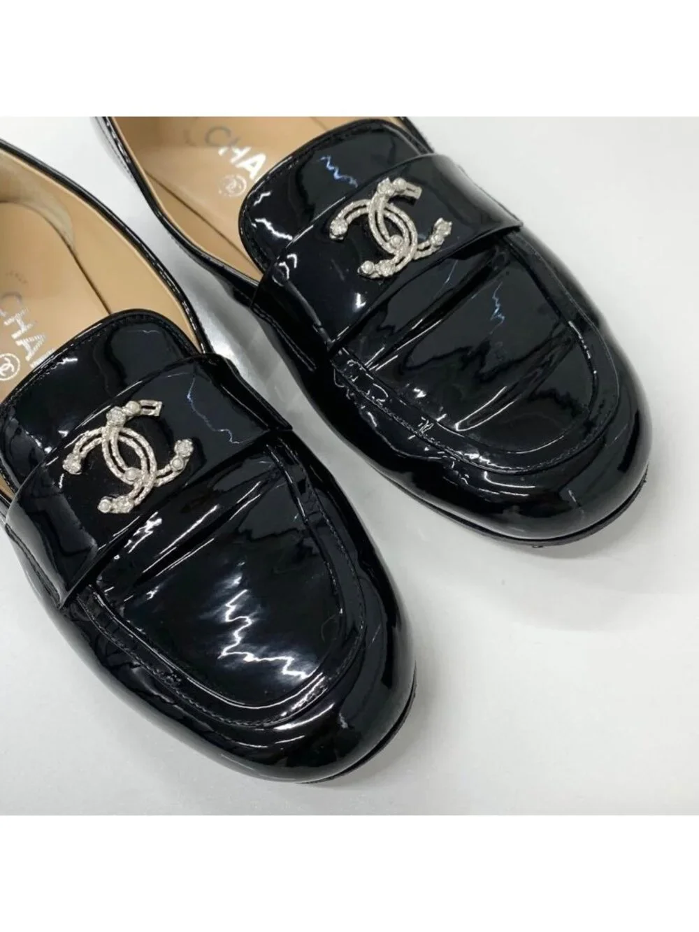 Chanel CC Logo Patent Rhinestone Pearl Loafers Black
